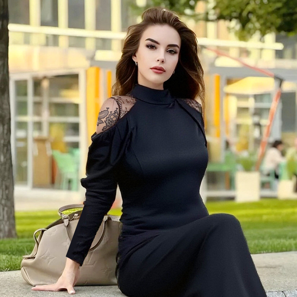 👗Vestido midi elegante para mujer con cuello alto y detalle de encaje en la espalda