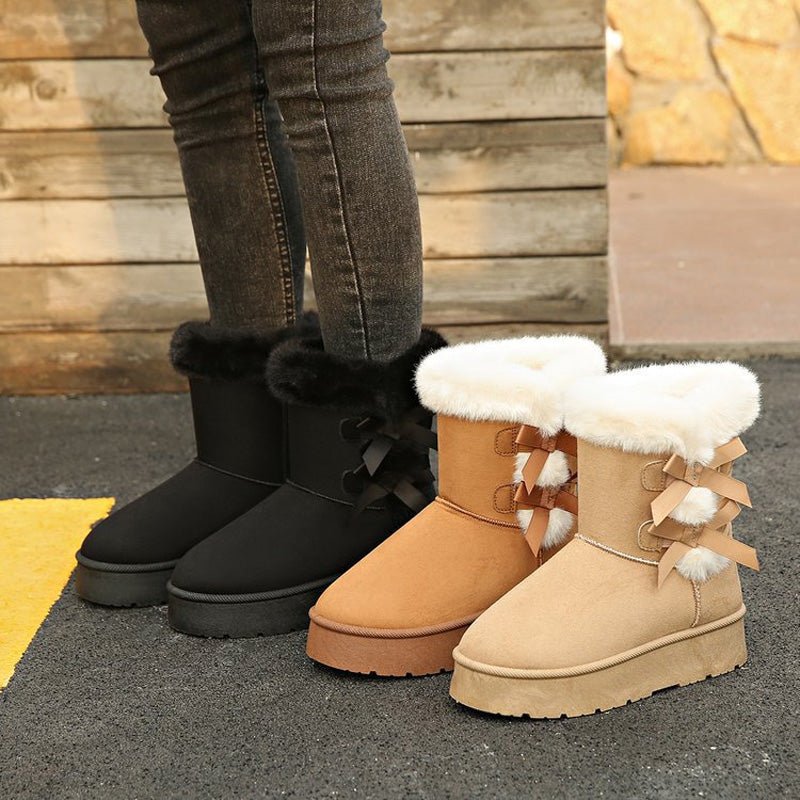 Botas clásicas de nieve con forro de felpa, lazo y plataforma para mujer
