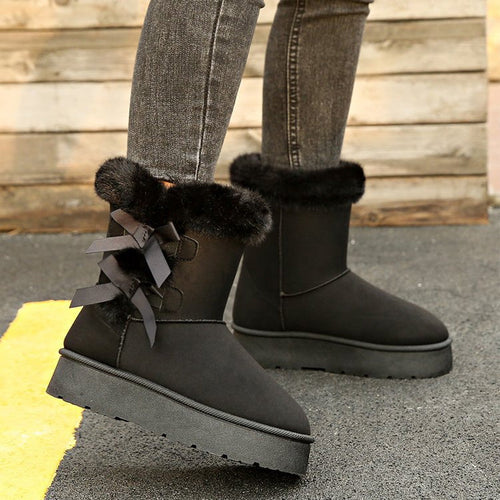 Botas clásicas de nieve con forro de felpa, lazo y plataforma para mujer