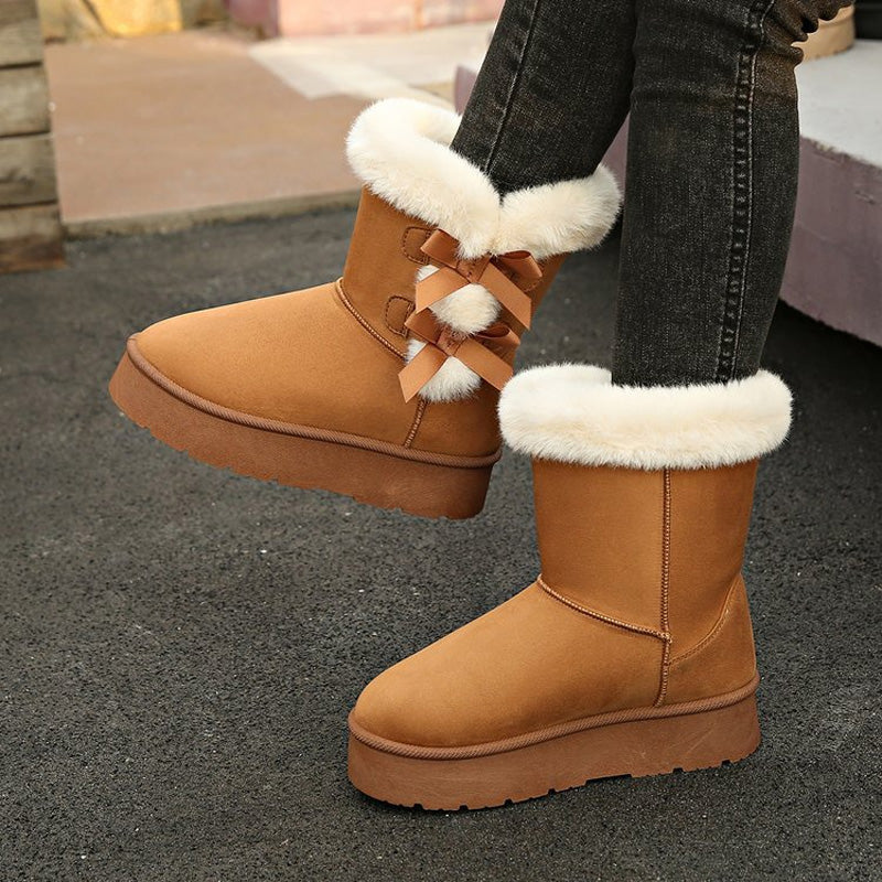 Botas clásicas de nieve con forro de felpa, lazo y plataforma para mujer