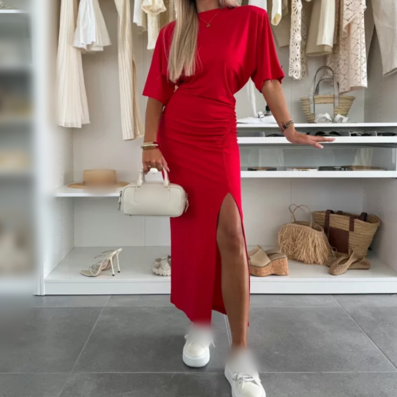 💕Vestido midi. De manga corta. Hecho de algodón. Con una abertura.