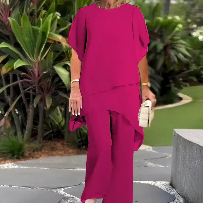 Conjunto de top irregular de doble capa y pantalón de pierna ancha