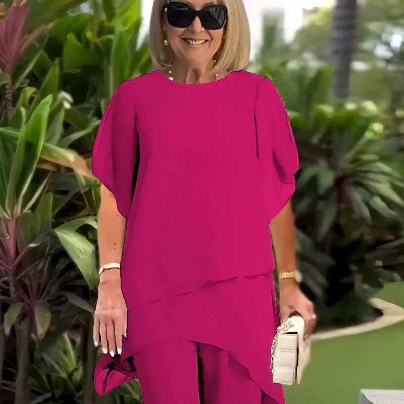 Conjunto de top irregular de doble capa y pantalón de pierna ancha