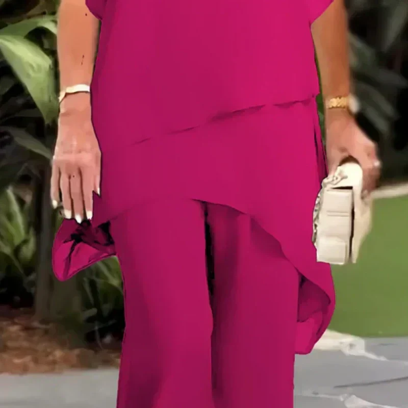 Conjunto de top irregular de doble capa y pantalón de pierna ancha