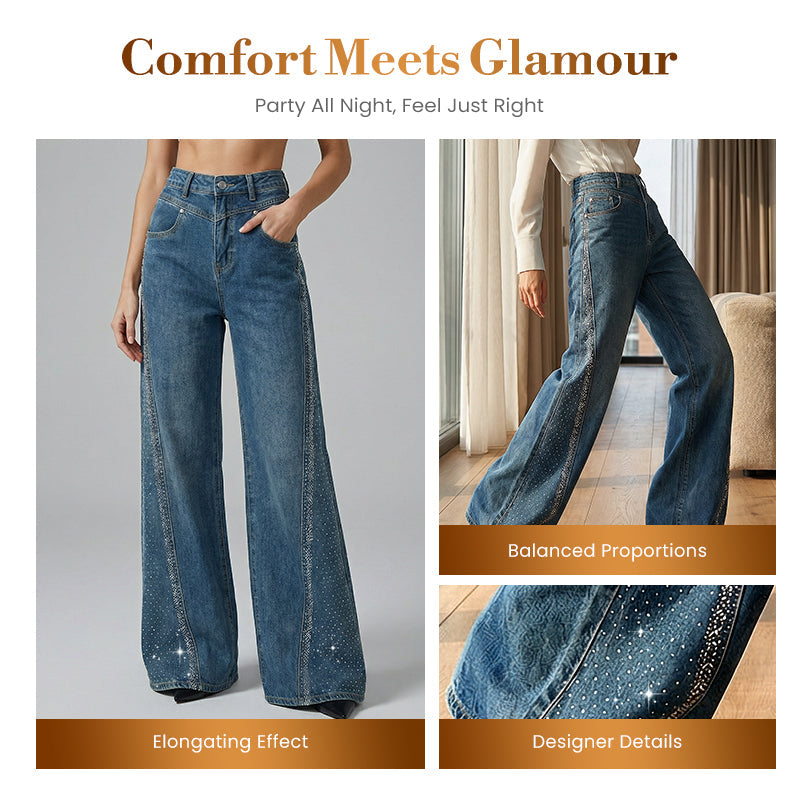 Pantalones anchos para mujer, adornados con pedrería.