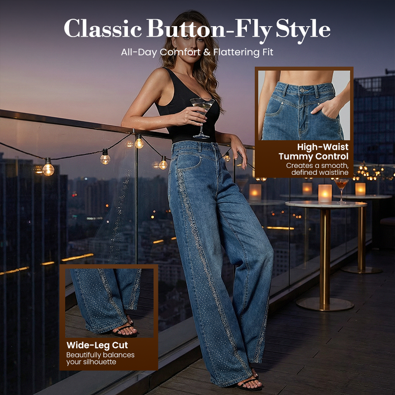 Pantalones anchos para mujer, adornados con pedrería.