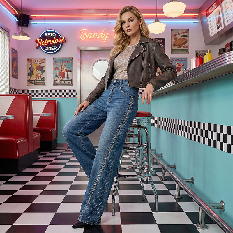 Pantalones anchos para mujer, adornados con pedrería.
