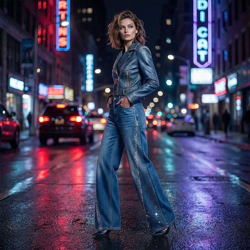Pantalones anchos para mujer, adornados con pedrería.